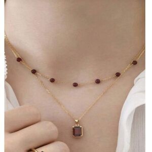 Gold Princess Cut Zirconia Pendant Layered Necklace Smokey Quartz Beaded Chain